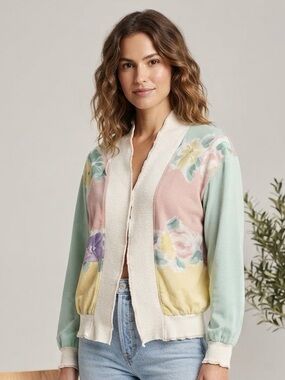 Vintage Russ Pastel Floral Bomber Jacket Size 10